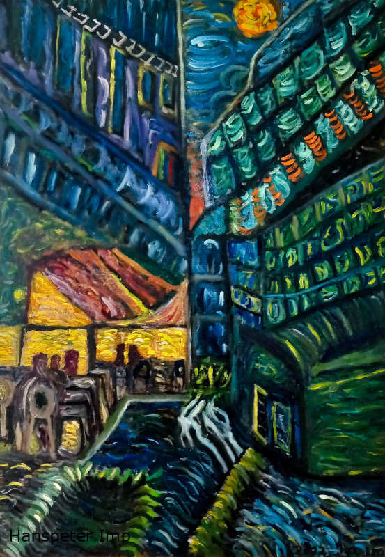 cafe at night yellow moon street romantic