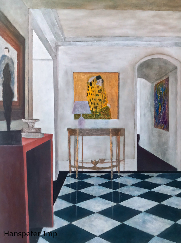 room with klimt picture checker board floor