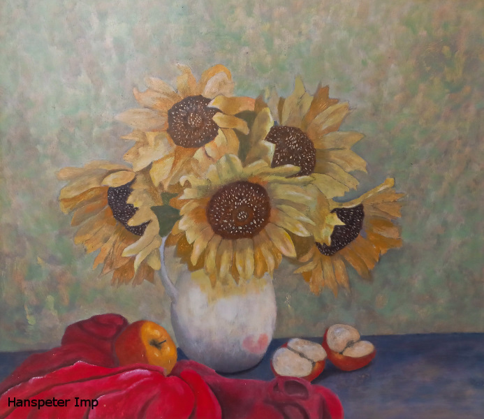 sunflower vase red cloth
