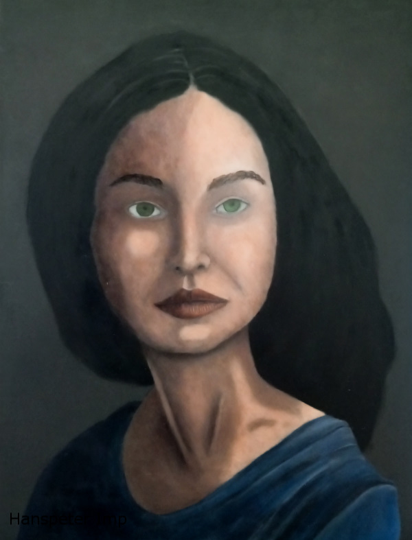 woman black hair blue shirt