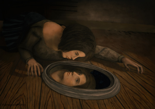 woman lying mirror serious narcissistic