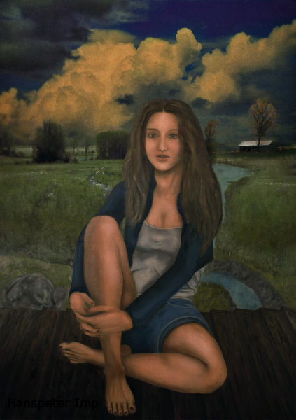 woman sitting panel country background
