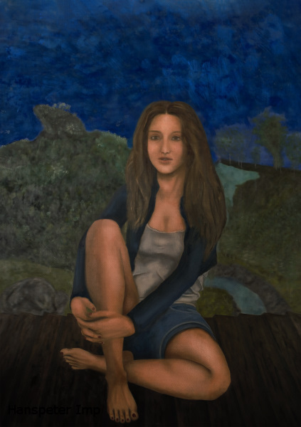 woman sitting panel wood background